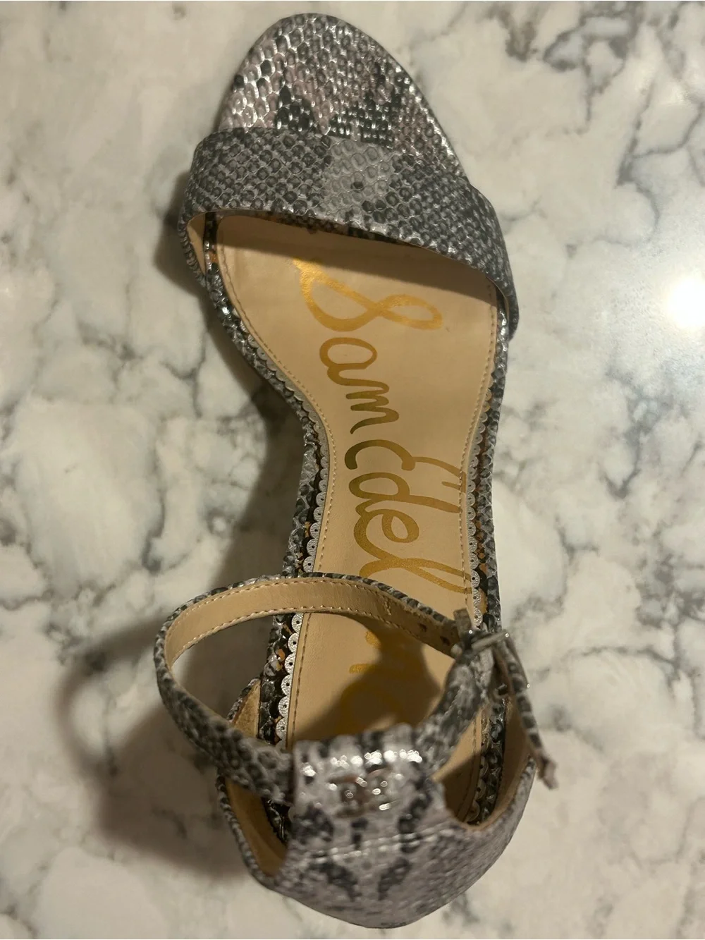 Sam Edelman Yaro Ankle Strap Metallic Snake Print Sandal Block High Heel Sz 8